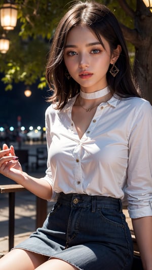 A stunning mature woman with shiny brown hair, short and styled to perfection, sits cross-legged on a vinyl sheet spread under a tree in a park at night. Her ultra-detailed eyes sparkle like fireworks illuminating the dark sky, where giant explosions of color fill the air. She wears an open office shirt, tight skirt, black choker, and earrings that catch the light of lanterns surrounding her. Her perfect hands hold a subtle pose as she gazes directly at the audience, her captivating brown eyes seeming to draw us in from below. A gentle blush rises to her cheeks, adding warmth to her already radiant smile.