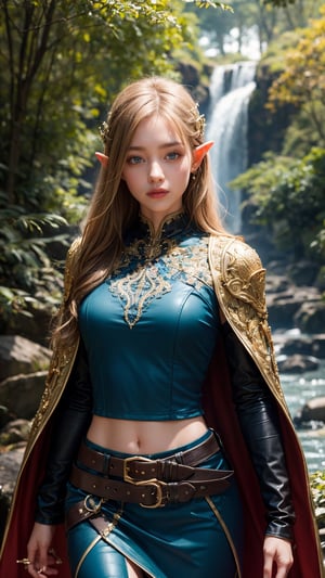 Majestic Viking elf warrior stands tall amidst a sun-dappled forest, her long blonde hair cascading down her back like a golden waterfall. Her deep blue eyes shine brightly as she wears a suit of green leather armor adorned with intricate details, complemented by a short green skirt and various belts at her waist. A fur cape flows behind her like a river of emerald silk. At her side, an arrow holster rests against the gentle slope of her medium chest. Her slender figure is illuminated by natural light, captured in stunning photorealistic detail using a professional DSLR camera.