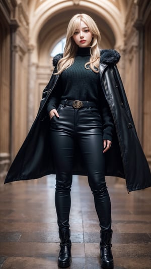 A woman with long platinum blonde hair, choppy bangs, arched crescent eyebrows, sharp and determined eyes, a delicate oval face, a serious expression, a fantasy-style dark green military coat, draped with a dark red cloak, military trousers, leather combat boots, silver greaves leggings, one hand on her hip, standing in a spacious training ground, this character embodies a finely crafted fantasy-style female military officer in anime style, exquisite and mature manga art style, pale skin, high definition, best quality, highres, ultra-detailed, ultra-fine painting, extremely delicate, professional, perfect body proportions, golden ratio, anatomically correct, symmetrical face, extremely detailed eyes and face, high quality eyes, creativity, RAW photo, UHD, 32k, Natural light, cinematic lighting, masterpiece-anatomy-perfect, masterpiece:1.5