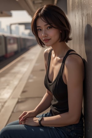 A masterpiece of a cowboy shot features a stunning mature woman sitting solo on a station bench or platform, surrounded by the hum of city life. Her shiny brown hair is short and stylish, framing her beautiful, sparkling eyes that seem to hold a thousand secrets. A warm smile spreads across her highly detailed face, drawing the viewer's gaze into her ultra-detailed, almost lifelike eyes. She wears skinny jeans and exudes an innocent, youthful charm, as if waiting for someone or something on this bustling platform.