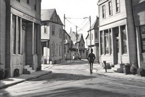 a storyboard sequence, 16:9, pencil sketch, (establishing shot), Man walking down the street