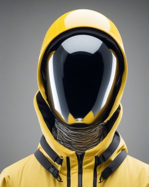 large format photo of a simple robot face, (wearing yellow outdoor jacket and black beanie hat: 1.0), upper body, studio light background, hard light, (eye level : 1.2), Aaton LTR with a 50mm lens, in style of Martin Schoeller ,moonster