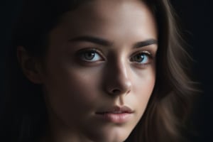 Photo portrait of a pensive young brunette woman with sparkling eyes, detailed skin, (half her face concealed in shadow:1.4), tight close up on face, dark background, side lighting revealing her gaze, eye level, in the style of Nathan Wirth