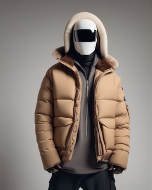 large format photo of a simple robot face, (wearing brown puffer jacket and natural apache hat: 1.0), full body, rapper pose in studio light background, hard light, (eye level : 1.2), Aaton LTR with a 50mm lens, in style of Martin Schoeller ,moonster