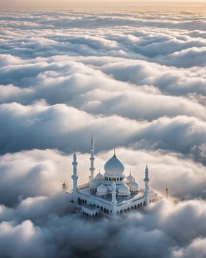 a white mosque, floating in the clouds,glitter,SDXL