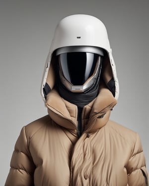 large format photo of a simple robot face, (wearing brown puffer jacket and natural apache hat: 1.0), upper body, studio light background, hard light, (eye level : 1.2), Aaton LTR with a 50mm lens, in style of Martin Schoeller ,moonster