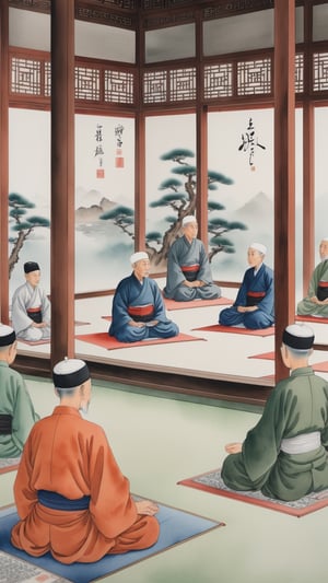 The students sit around the kiai or teacher during lessons, then they listen to the teacher's explanation, The camera focuses on the teacher, The teacher appears elderly, wise, serene, and pleasant, Background at mosque indoor,ChineseWatercolorPainting