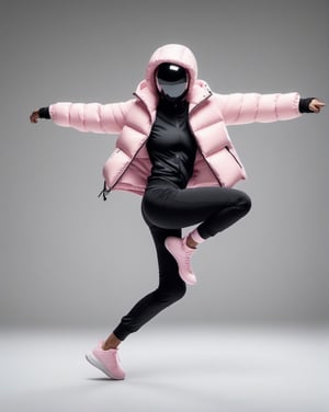 large format photo of a simple robot face, (wearing baby pink puffer jacket and black short pants: 1.0), full body, freeze breakdance moves in light studio background, hard light, (eye level : 1.2), Aaton LTR with a 50mm lens, in style of Martin Schoeller ,moonster