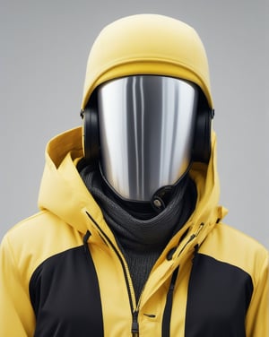 large format photo of a simple robot face, (wearing yellow outdoor jacket and black beanie hat: 1.0), upper body, studio light background, hard light, (eye level : 1.2), Aaton LTR with a 50mm lens, in style of Martin Schoeller ,moonster