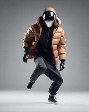 large format photo of a simple robot face, (wearing brown puffer jacket and apache hat: 1.0), full body, break dance in studio light background, hard light, (eye level : 1.2), Aaton LTR with a 50mm lens, in style of Martin Schoeller ,moonster