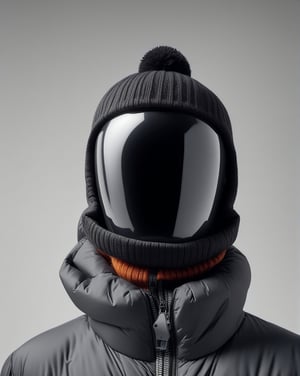 large format photo of a simple robot face, (wearing puffer jacket and black beanie hat: 1.0), upper body, studio light background, hard light, (eye level : 1.2), Aaton LTR with a 50mm lens, in style of Martin Schoeller ,moonster