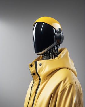 large format photo of a simple robot face, (wearing yellow outdoor jacket and black beanie hat: 1.0), upper body, studio light background, hard light, (eye level : 1.2), Aaton LTR with a 50mm lens, in style of Martin Schoeller ,moonster