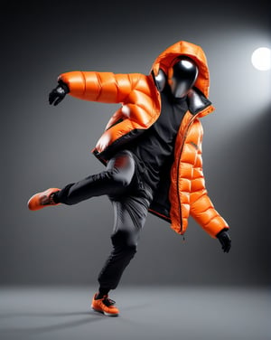 large format photo of a simple robot face, (wearing orange puffer jacket and black pants: 1.0), full body, freeze breakdance moves in grey background, hard light, (eye level : 1.2), Aaton LTR with a 50mm lens, in style of Martin Schoeller ,moonster