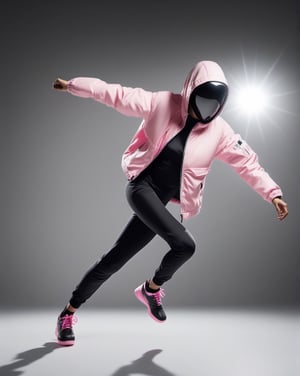 large format photo of a simple robot face, (wearing baby pink outdoor jacket and black short pants: 1.0), full body, freeze breakdance moves in light studio background, hard light, (eye level : 1.2), Aaton LTR with a 50mm lens, in style of Martin Schoeller ,moonster