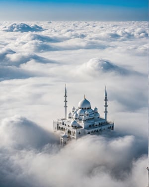 a white mosque, floating in the clouds