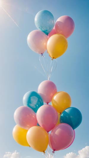 A bundle of pastel-colored balloons floating against a clear blue sky, each one shining in the sunlight. (Realistic, detailed, post-processed)