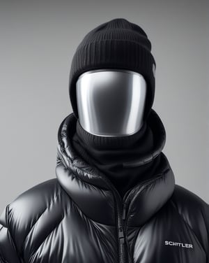 large format photo of a simple robot face, (wearing puffer jacket and black beanie hat: 1.0), upper body, studio light background, hard light, (eye level : 1.2), Aaton LTR with a 50mm lens, in style of Martin Schoeller ,moonster