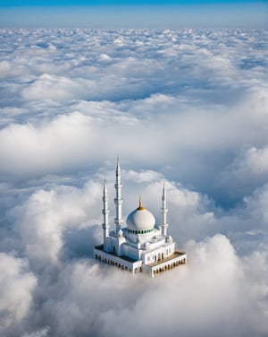 a white mosque, floating in the clouds