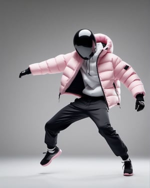large format photo of a simple robot face, (wearing baby pink puffer jacket and black short pants: 1.0), full body, freeze breakdance moves in light studio background, hard light, (eye level : 1.2), Aaton LTR with a 50mm lens, in style of Martin Schoeller ,moonster