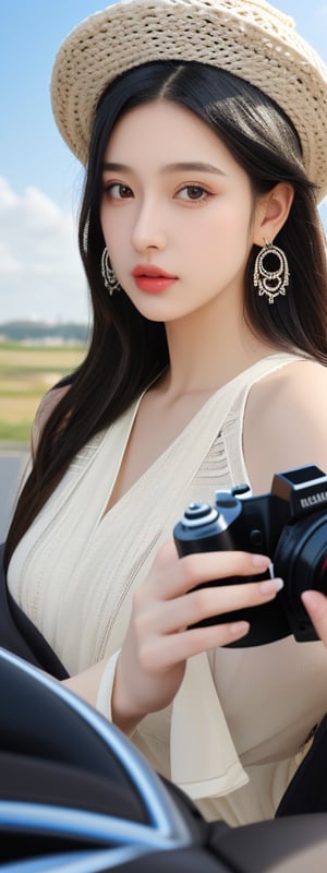 1girl, solo, looking at viewer, black hair, hat, holding, brown eyes, jewelry, upper body, earrings, lips, ground vehicle, camera_pov