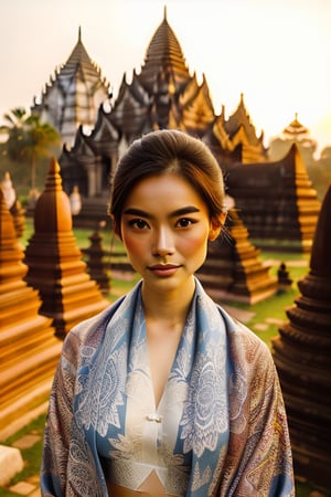 A woman in a straight-on pose, wearing traditional batik clothing, looking directly at the camera. The background features the ancient and majestic Prambanan temple, with intricate details and warm, golden sunlight casting long shadows. The composition is centered, with the woman in the foreground and the temple in the background, creating a harmonious blend of culture and history.