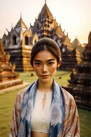 A woman in a straight-on pose, wearing traditional batik clothing, looking directly at the camera. The background features the ancient and majestic Prambanan temple, with intricate details and warm, golden sunlight casting long shadows. The composition is centered, with the woman in the foreground and the temple in the background, creating a harmonious blend of culture and history.