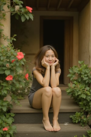 Generate an image of a Hongkong woman sitting on the front steps of a traditional countryside house, surrounded by lush greenery and blooming hibiscus flowers. She’s wearing a short, casual dress, her legs crossed as she leans back on her hands, enjoying the quiet atmosphere of the late afternoon. A soft breeze blows through her hair, and the golden sunlight highlights the rustic details of the house and the natural beauty around her. The scene should feel warm, welcoming, and filled with the charm of rural life, capturing a moment of peaceful simplicity