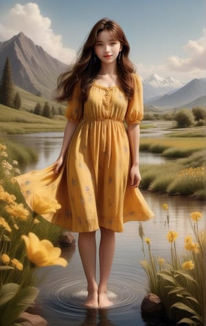 1girl, girl in yellow silky dress stands in water, has very long brown hair, fullbody, behind her there's a landscape with mountains, lush meadows, flowers and blue sky, watercolor painting vibes, sunny day