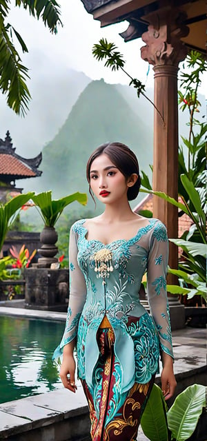 A stunning 16k masterpiece of an 18-year-old girl with tight bun hair, brown eyes, and wet lips, elegantly dressed in an Indonesian Kebaya, gazes directly at the camera. Set against a mystical Central Java landscape, she stands in a traditional village, surrounded by softly glowing plants and misty mountains that fade into the distance. The surreal colors blend harmoniously, casting a dreamlike ambiance.