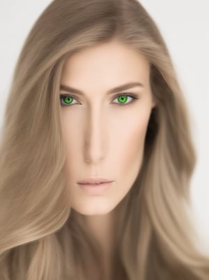 Create an image of a woman with striking green eyes, long flowing natural dark blonde hair, framing her face. She has a well-defined French nose and normal-sized lips. The lighting is soft, highlighting her features. The composition focuses on her face, with a slight head tilt, set against a neutral background.realistic colours