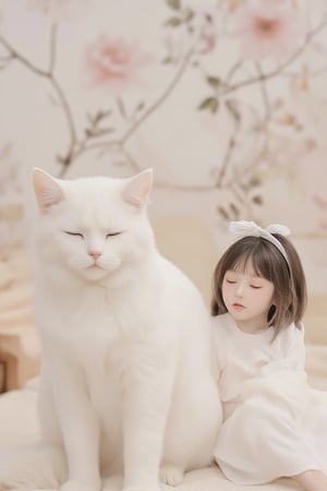 This digital illustration features a soft, dreamlike art style. The composition centers on a large, fluffy white cat and a small, doll-like girl with closed eyes and serene expressions, symbolizing peace and tranquility. They are positioned against a blurred background with delicate, muted florals, enhancing the gentle atmosphere. The girl wears a white dress with a ribbon in her hair, matching the cat’s pristine fur. The lighting is soft and warm, creating a cozy, ethereal ambiance. Overall, the image emits a sense of calm and tenderness.