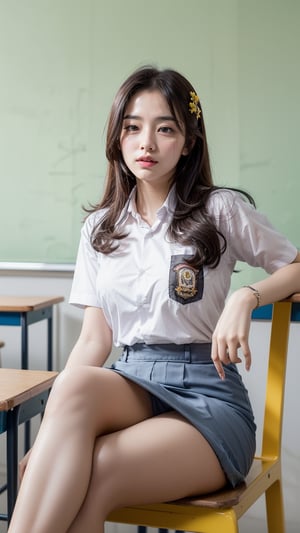 A fashionable young girl, wearing  white shirt,  gray skirt, with a background of classroom, sitting, crossed legs, featuring bright colors and artistic vibes. High-definition photo of a cewe-sma, full of lively colors and youthful energy, cewe-sma,1girl