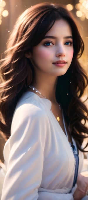 Beautiful soft light, (beautiful and delicate eyes), very detailed, pale skin, (long hair), dreamy, ((front shot)), brown eyes, soft expression, bright smile, art photography, fantasy, jewelry, shy, soft Image, masterpiece, ultra-high resolution, color, very detailed and soft lighting, details, Ultra HD, 8k, highest quality, (pose),girl ,real,Wonder of Art and Beauty,Illustration