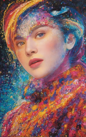 An pointillist masterpiece composed of thousands of meticulously placed dots in a vibrant array of colors. The image bursts into life with patterns and shapes that seem to dance across the canvas. Each dot contributes to a larger, intricate mosaic, creating an ethereal sense of depth and texture. At the center, a woman gazes intently at the viewer, her eyes reflecting a myriad of emotions. The colors blend and contrast around her, forming swirling patterns that evoke the beauty of the girl. The overall effect is both calming and stimulating, inviting viewers to get lost in the myriad of details and the overall harmony of the composition 4nya Geraldine.