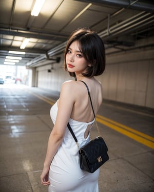 a young Asian woman stands in a parking garage. She is dressed in a light gray sleeveless mini dress, adorned with a black shoulder bag. Her hair is styled in a sleek bob, framing her face. She has a serious expression on her face, adding a pop of color to the scene. The walls of the parking garage are a creamy beige, and the floor beneath her is a dark gray.