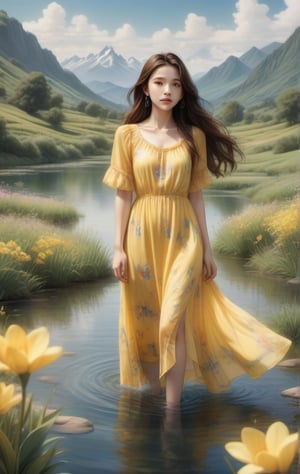 1girl, girl in yellow silky dress stands in water, has very long brown hair, fullbody, behind her there's a landscape with mountains, lush meadows, flowers and blue sky, watercolor painting vibes, sunny dayOn the right side of the picture, there is a character's name that says "SENO" and is formed from a combination of blooming flowers.