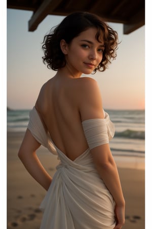 An image of a woman with her back turned to the camera, looking over her shoulder with a serene expression. Her arms are crossed behind her, with her left hand gripping her right arm, elegantly highlighting the contours of her back. She has voluminous, curly hair that tumbles over one shoulder. The fabric wraps around her, suggesting a sense of graceful drapery. The setting is softly blurred with warm, ambient lighting that hints at a beach scene during golden hour.