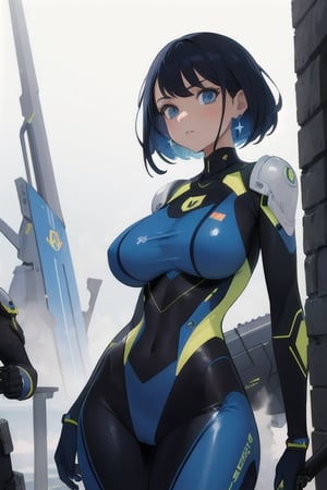 2 girls, looking around, weapons at the ready, dynamic stance, huge breasts, huge curvy hips, narrow waist, skinny, skin tight battle suit, cerulean blue, armor, futuristic, sci-fi, cyberware, cybertech, unexplored world, mist, ancient marvelous structures, ultra highres, atmosphere of mystery and danger, (detailed face:1.2), (detailed eyes:1.2), detailed background, intricate, foggy landscape, masterpiece, best quality,incredibly absurdres