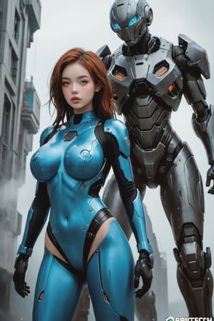 2 girls, looking around, weapons at the ready, dynamic stance, huge breasts, huge curvy hips, narrow waist, skinny, skin tight battle suit, cerulean blue, armor, futuristic, sci-fi, cyberware, cybertech, unexplored world, mist, ancient marvelous structures, ultra highres, atmosphere of mystery and danger, (detailed face:1.2), (detailed eyes:1.2), detailed background, intricate, foggy landscape, photo