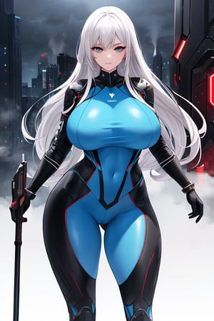 2 girls, looking around, weapons at the ready, dynamic stance, huge breasts, huge curvy hips, narrow waist, skinny, skin tight battle suit, cerulean blue, armor, futuristic, sci-fi, cyberware, cybertech, unexplored world, mist, ancient marvelous structures, ultra highres, atmosphere of mystery and danger, (detailed face:1.2), (detailed eyes:1.2), detailed background, intricate, foggy landscape, masterpiece, best quality,incredibly absurdres