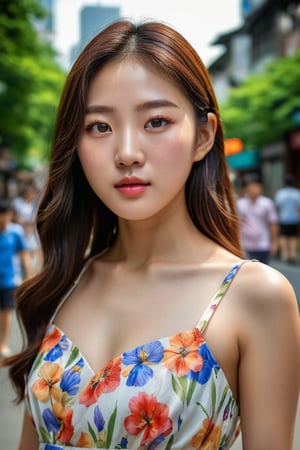 photography, realistic, raw photo, photo of a beautiful korean girl in floral printed sundress, on Seoul street, detailed iris and pupil, textured skin, realistic, intricate detailed, flash photography, realistic, amazing photo, Camera="NIKON Z9", Lens="NIKKOR Z 24-70mm f/2.8 S", "Aperture-of=f/8", "ISO=400"