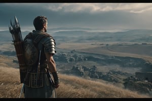 1 man, Roman legionaire, observing a battlefield, side shot, romans and barbarians are fiting in the backgound, battle, (RAW photo, best quality), (realistic, photo-Realistic:1.3), best quality, masterpiece, beautiful and aesthetic, 32K, high contrast, (vibrant color:1.4), cinematic lighting, ambient lighting, sidelighting, exquisite details and textures, cinematic shot, (bright and intense:1.2), a flawlessly composed and exquisitely lit photograph captures the essence of art, filigree elements, glowing accents, perfect composition on complex backgrounds, breathtaking surreal masterpiece, hyperrealistic inspired by Egon Schiele, Luis Royo, artistic, enchanting colors, masterful shadows, hyper details, hyperrealistic, otherworldly, by Yoshitaka Amano, Yoji Shinkawa, complex background, perfect composition, epic, rtx on, octane render, UHD, ghost person