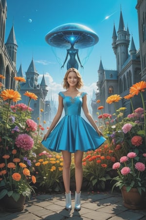 A curious young woman with a bouquet of vibrant flowers stands amidst a fantastical landscape inspired by Wonderland's whimsy. In the background, a glowing alien cityscape stretches towards the sky, illuminated by an ethereal blue light. The young woman's bright smile and outstretched arms seem to welcome the extraterrestrial visitors, as if showcasing her own little patch of wonder in this surreal science fiction world, masterpiece, (((best quality))), hyper detailed, HDR