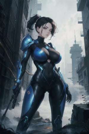 2 girls, looking around, weapons at the ready, dynamic stance, huge breasts, huge curvy hips, narrow waist, skinny, skin tight battle suit, cerulean blue, armor, futuristic, sci-fi, cyberware, cybertech, unexplored world, mist, ancient marvelous structures, ultra highres, atmosphere of mystery and danger, (detailed face:1.2), (detailed eyes:1.2), detailed background, intricate, foggy landscape, masterpiece, best quality