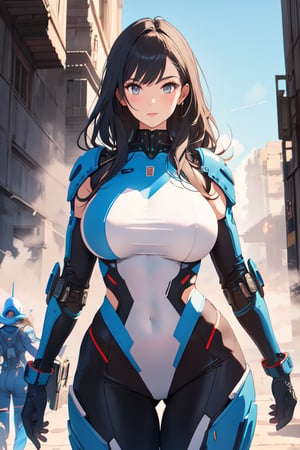 2 girls, looking around, weapons at the ready, dynamic stance, huge breasts, huge curvy hips, narrow waist, skinny, skin tight battle suit, cerulean blue, armor, futuristic, sci-fi, cyberware, cybertech, unexplored world, mist, ancient marvelous structures, ultra highres, atmosphere of mystery and danger, (detailed face:1.2), (detailed eyes:1.2), detailed background, intricate, foggy landscape, Masterpiece,masterpiece