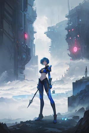 2 girls, looking around, weapons at the ready, dynamic stance, huge breasts, huge curvy hips, narrow waist, skinny, skin tight battle suit, cerulean blue, armor, futuristic, sci-fi, cyberware, cybertech, unexplored world, mist, ancient marvelous structures, ultra highres, atmosphere of mystery and danger, (detailed face:1.2), (detailed eyes:1.2), detailed background, intricate, foggy landscape, masterpiece, best quality,incredibly absurdres,rayearth