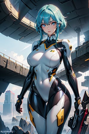 2 girls, looking around, weapons at the ready, dynamic stance, huge breasts, huge curvy hips, narrow waist, skinny, skin tight translucent white glossy smooth bodysuit, armor, futuristic, sci-fi, cyberware, cybertech, unexplored world, mist, ancient marvelous structures, ultra highres, atmosphere of mystery and danger, (detailed face:1.2), (detailed eyes:1.2), detailed background, intricate, foggy landscape, masterpiece, best quality, perfect, Enhance, FUJI, rubbersuit02, rubbersuit, realhands, Extremely Realistic, latex suit, rubber suit,Anime