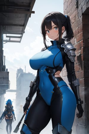 2 girls, looking around, weapons at the ready, dynamic stance, huge breasts, huge curvy hips, narrow waist, skinny, skin tight battle suit, cerulean blue, armor, futuristic, sci-fi, cyberware, cybertech, unexplored world, mist, ancient marvelous structures, ultra highres, atmosphere of mystery and danger, (detailed face:1.2), (detailed eyes:1.2), detailed background, intricate, foggy landscape, masterpiece, best quality