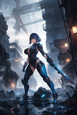 2 girls, looking around, weapons at the ready, dynamic stance, huge breasts, huge curvy hips, narrow waist, skinny, skin tight battle suit, cerulean blue, armor, futuristic, sci-fi, cyberware, cybertech, unexplored world, mist, ancient marvelous structures, ultra highres, atmosphere of mystery and danger, (detailed face:1.2), (detailed eyes:1.2), detailed background, intricate, foggy landscape, masterpiece, best quality,incredibly absurdres