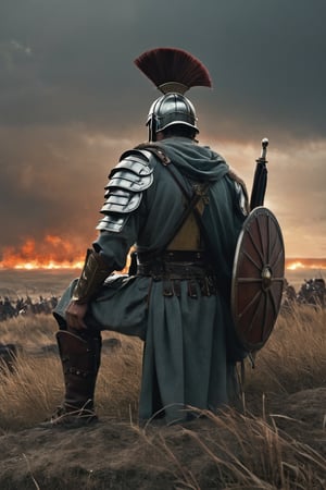 1 man, Roman legionaire, observing a battlefield, side shot, romans and barbarians are fiting in the backgound, battle, (RAW photo, best quality), (realistic, photo-Realistic:1.3), best quality, masterpiece, beautiful and aesthetic, 32K, high contrast, (vibrant color:1.4), cinematic lighting, ambient lighting, sidelighting, exquisite details and textures, cinematic shot, (bright and intense:1.2), a flawlessly composed and exquisitely lit photograph captures the essence of art, filigree elements, glowing accents, perfect composition on complex backgrounds, breathtaking surreal masterpiece, hyperrealistic inspired by Egon Schiele, Luis Royo, artistic, enchanting colors, masterful shadows, hyper details, hyperrealistic, otherworldly, by Yoshitaka Amano, Yoji Shinkawa, complex background, perfect composition, epic, rtx on, octane render, UHD, ghost person